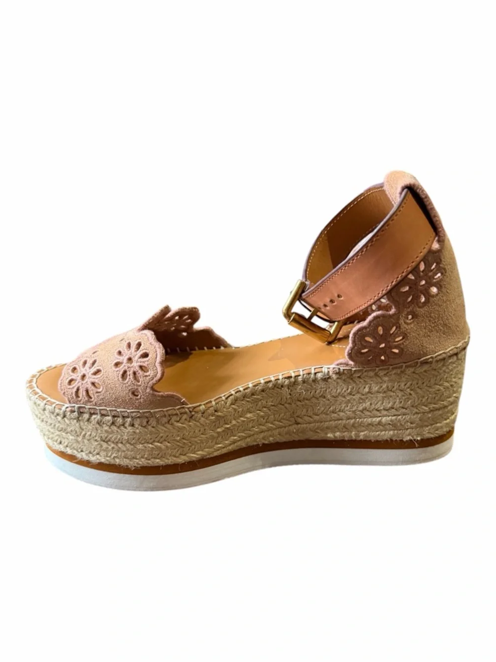 SEE BY CHLOE Glyn Scallop Wedge Espadrille Pink Calf Suede 38 7.5
